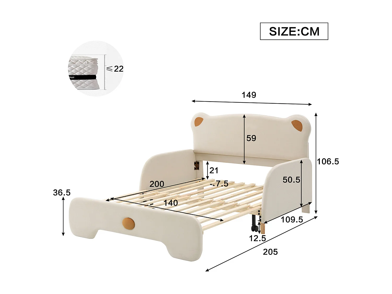 Lit enfant 140x105/200cm convertible en forme d'ours, velours beige, Lit adulte, sans matelas