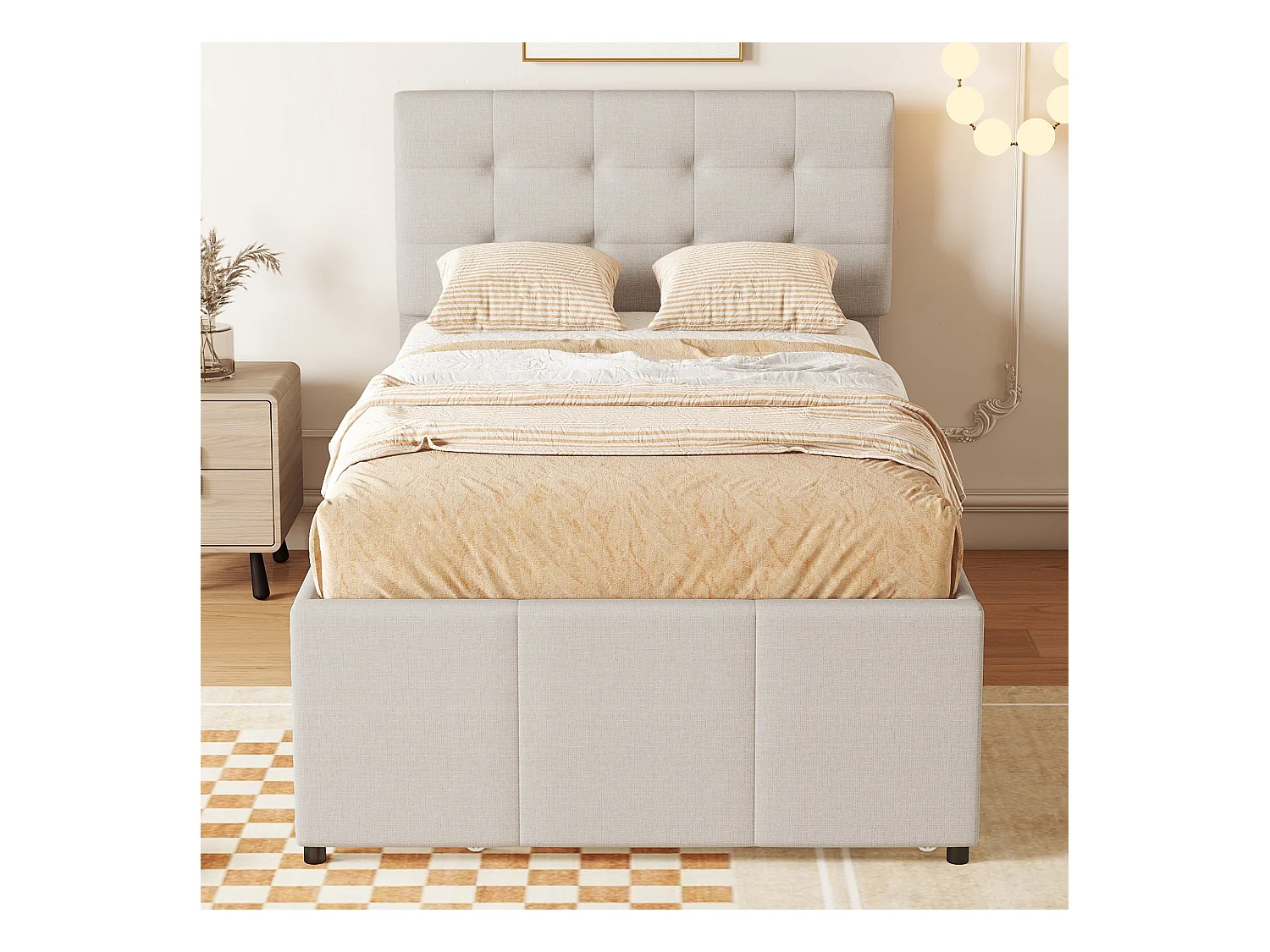 Lit adulte 90x200 cm en lin beige avec 3 tiroirs avec lit gigogne 90x190cm, tête de lit réglable en hauteur, sans matelas