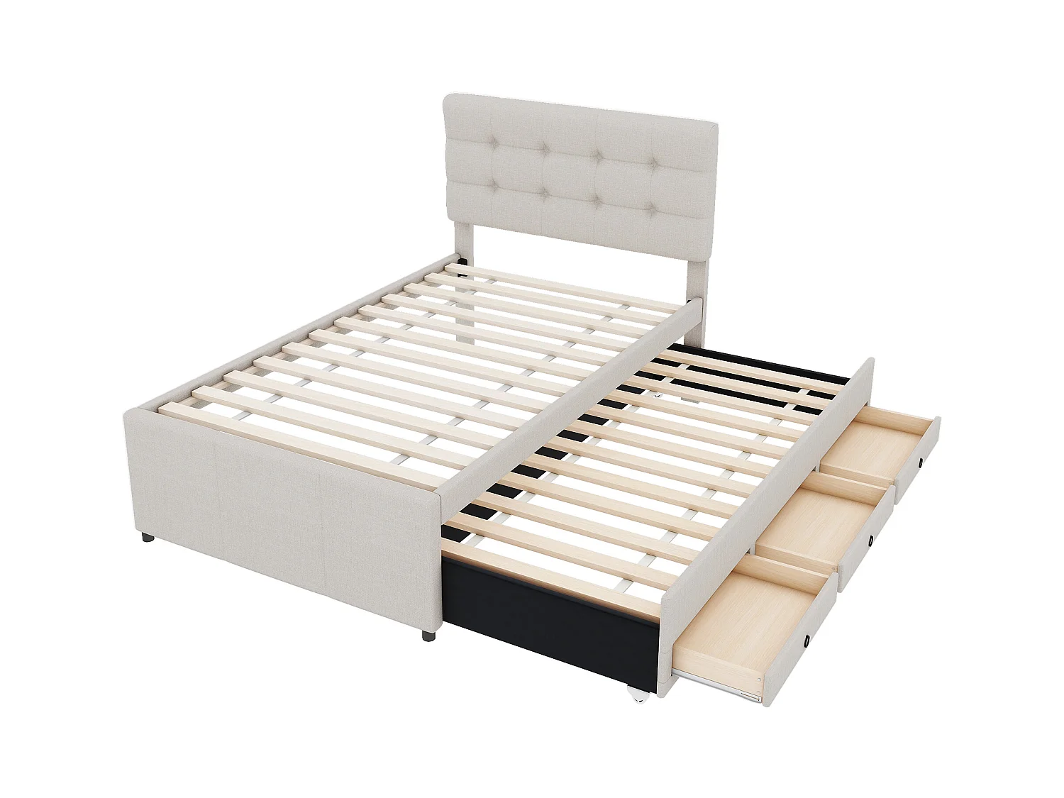 Lit adulte 90x200 cm en lin beige avec 3 tiroirs avec lit gigogne 90x190cm, tête de lit réglable en hauteur, sans matelas