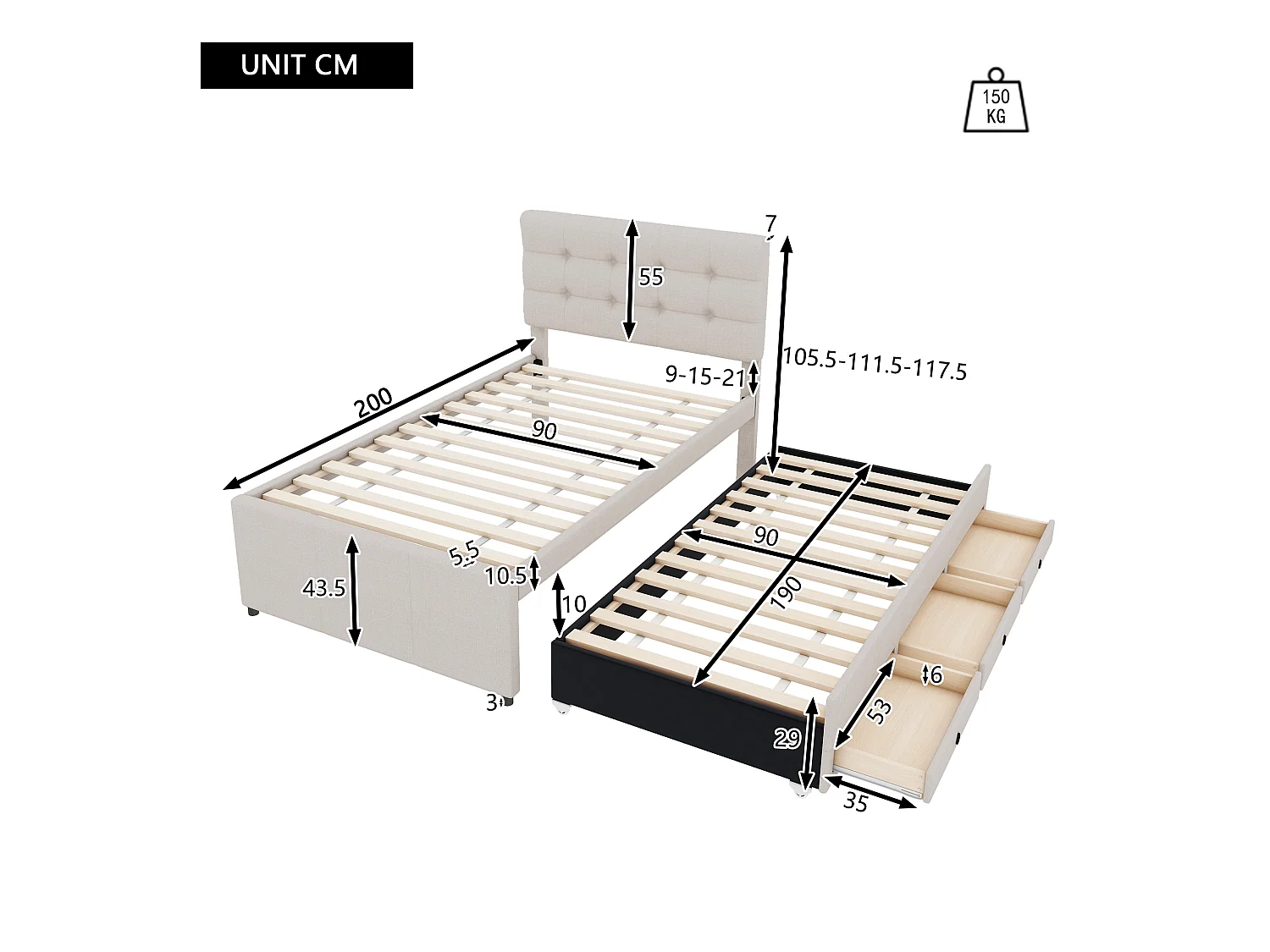 Lit adulte 90x200 cm en lin beige avec 3 tiroirs avec lit gigogne 90x190cm, tête de lit réglable en hauteur, sans matelas