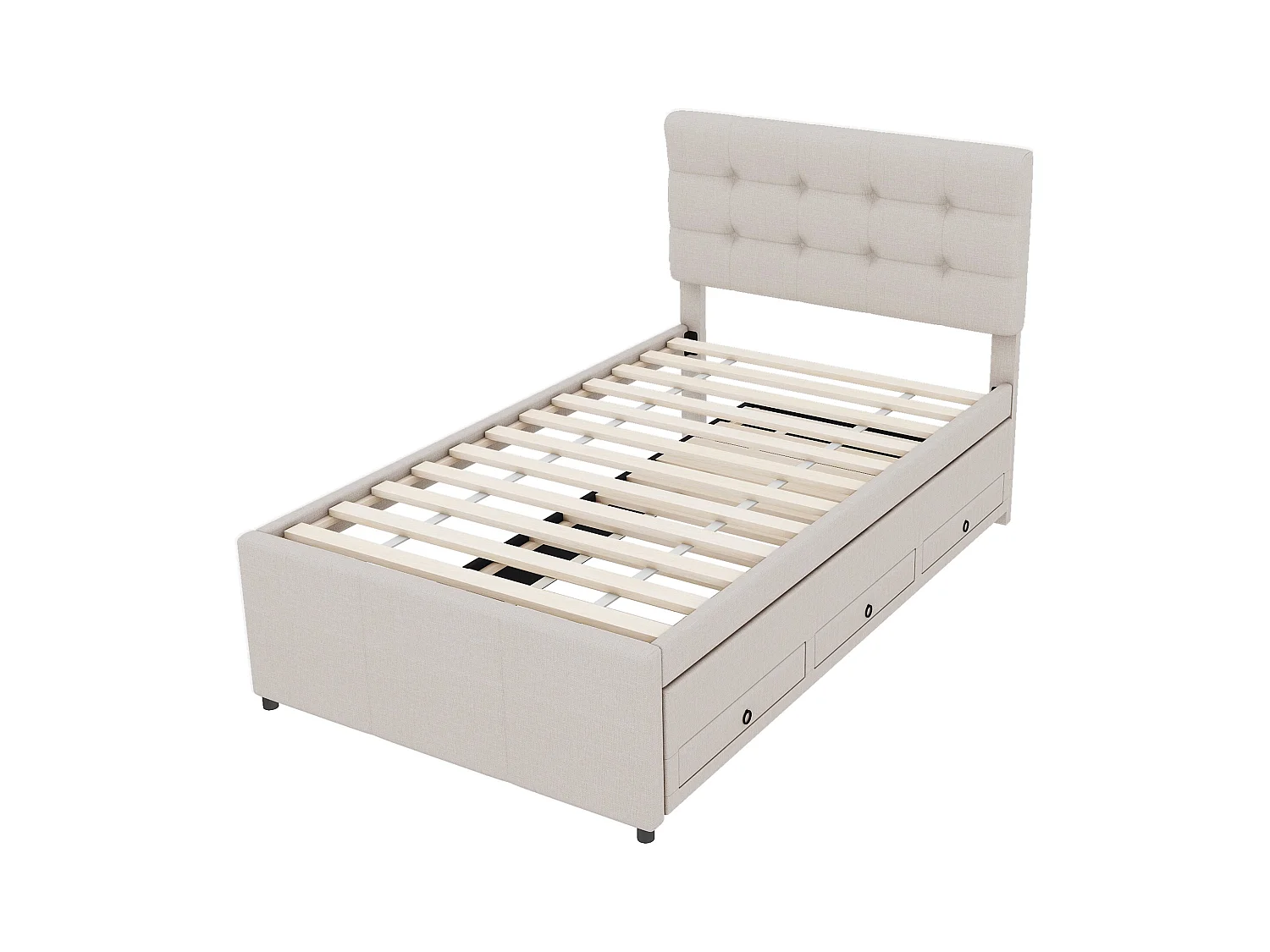 Lit adulte 90x200 cm en lin beige avec 3 tiroirs avec lit gigogne 90x190cm, tête de lit réglable en hauteur, sans matelas