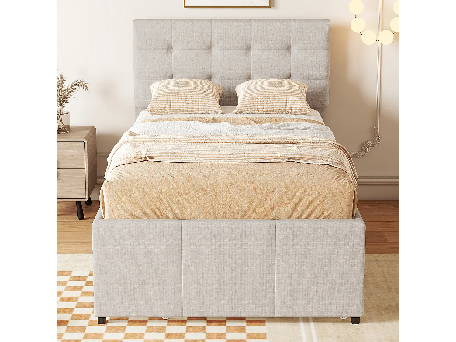 Lit adulte 90x200 cm en lin beige avec 3 tiroirs avec lit gigogne 90x190cm, tête de lit réglable en hauteur, sans matelas