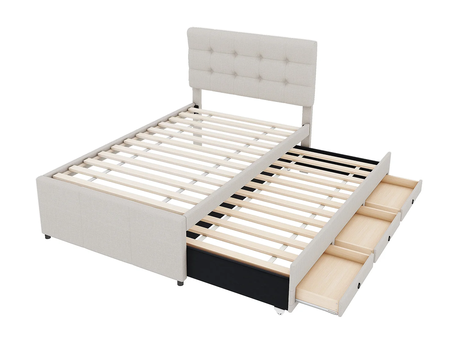 Lit adulte 90x200 cm en lin beige avec 3 tiroirs avec lit gigogne 90x190cm, tête de lit réglable en hauteur, sans matelas