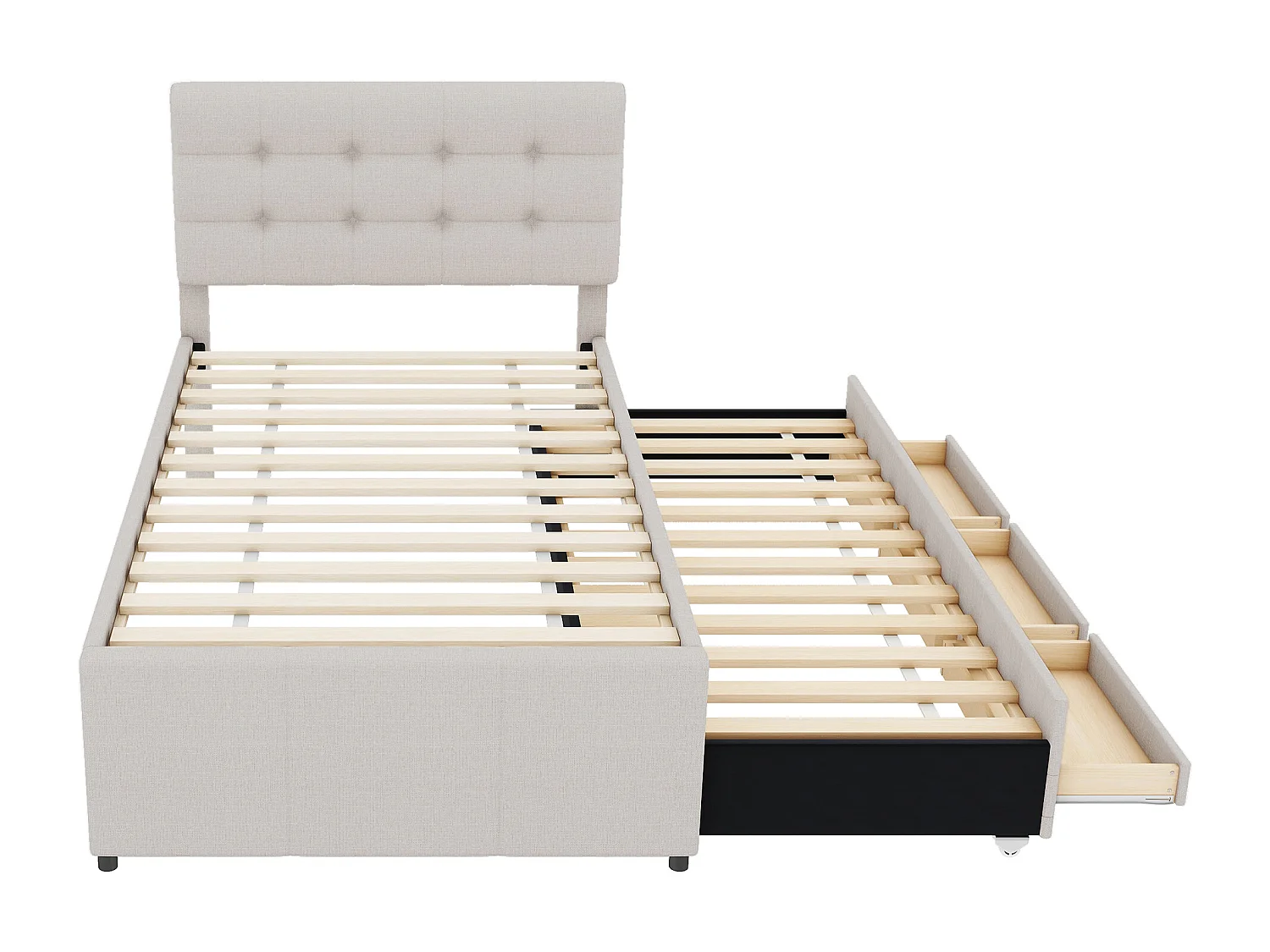 Lit adulte 90x200 cm en lin beige avec 3 tiroirs avec lit gigogne 90x190cm, tête de lit réglable en hauteur, sans matelas