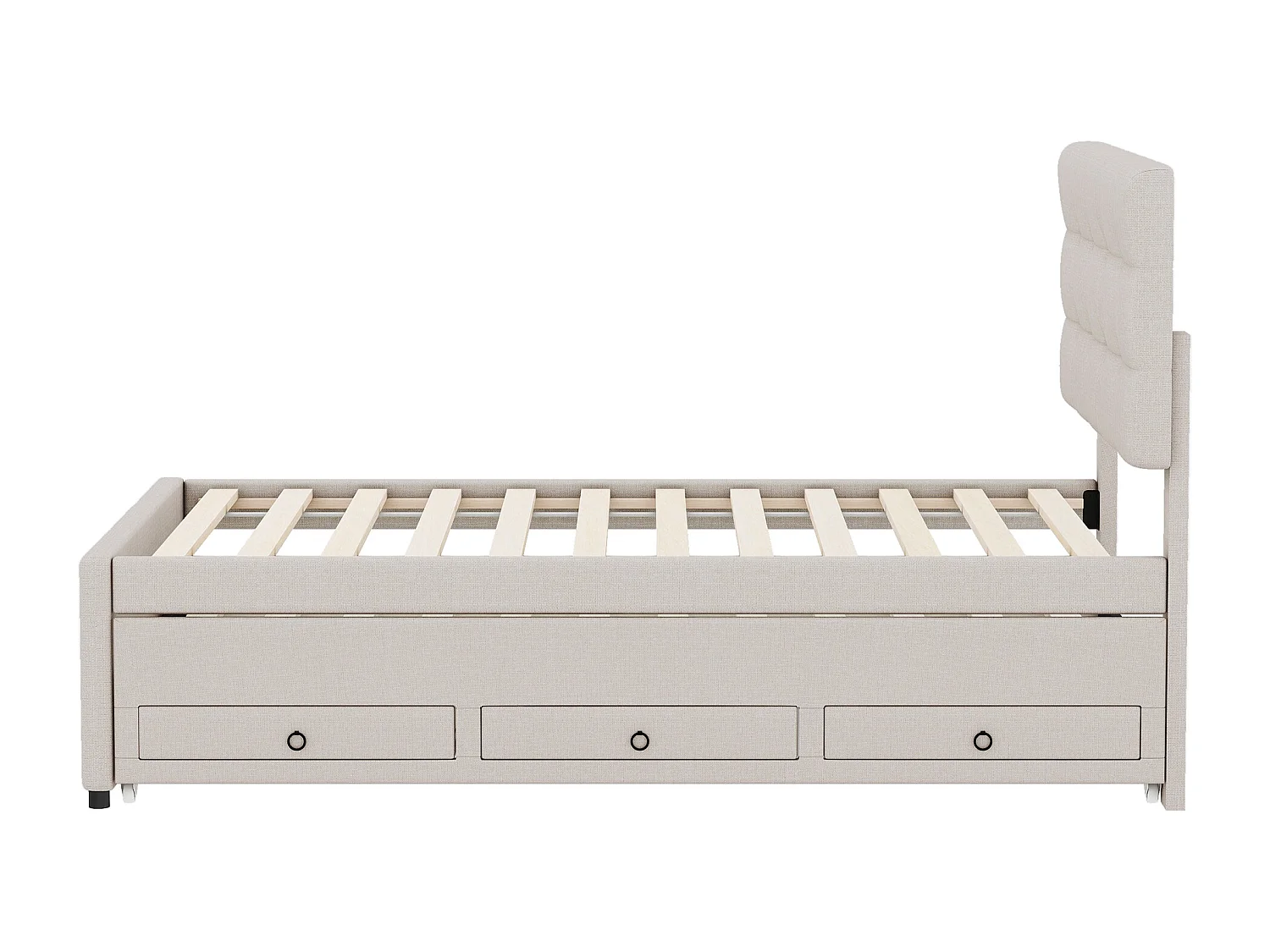 Lit adulte 90x200 cm en lin beige avec 3 tiroirs avec lit gigogne 90x190cm, tête de lit réglable en hauteur, sans matelas