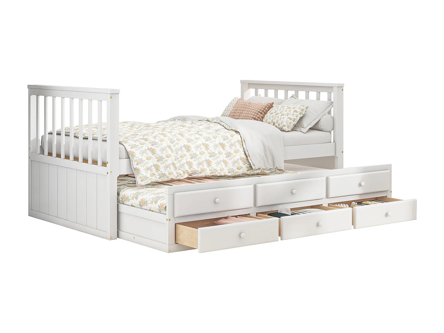 Lit enfant 90x200cm avec lit gigogne 90x190cm, avec 3 tiroirs de rangement, en bois, blanc, sans matelas