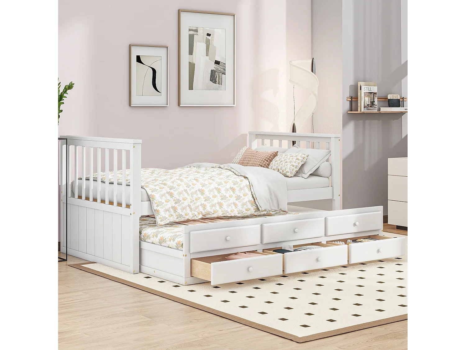 Lit enfant 90x200cm avec lit gigogne 90x190cm, avec 3 tiroirs de rangement, en bois, blanc, sans matelas