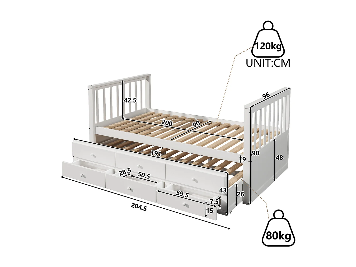 Lit enfant 90x200cm avec lit gigogne 90x190cm, avec 3 tiroirs de rangement, en bois, blanc, sans matelas