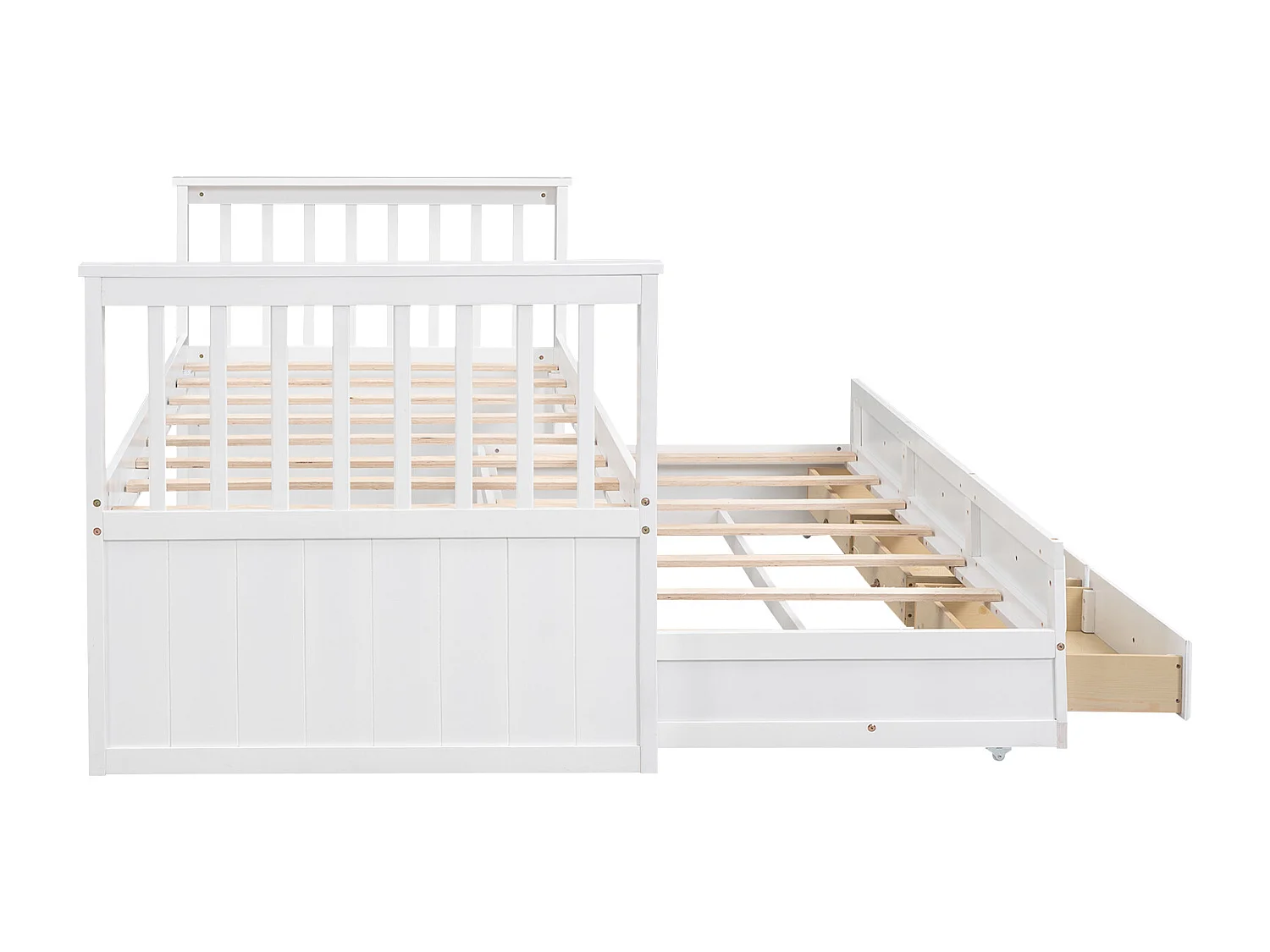 Lit enfant 90x200cm avec lit gigogne 90x190cm, avec 3 tiroirs de rangement, en bois, blanc, sans matelas