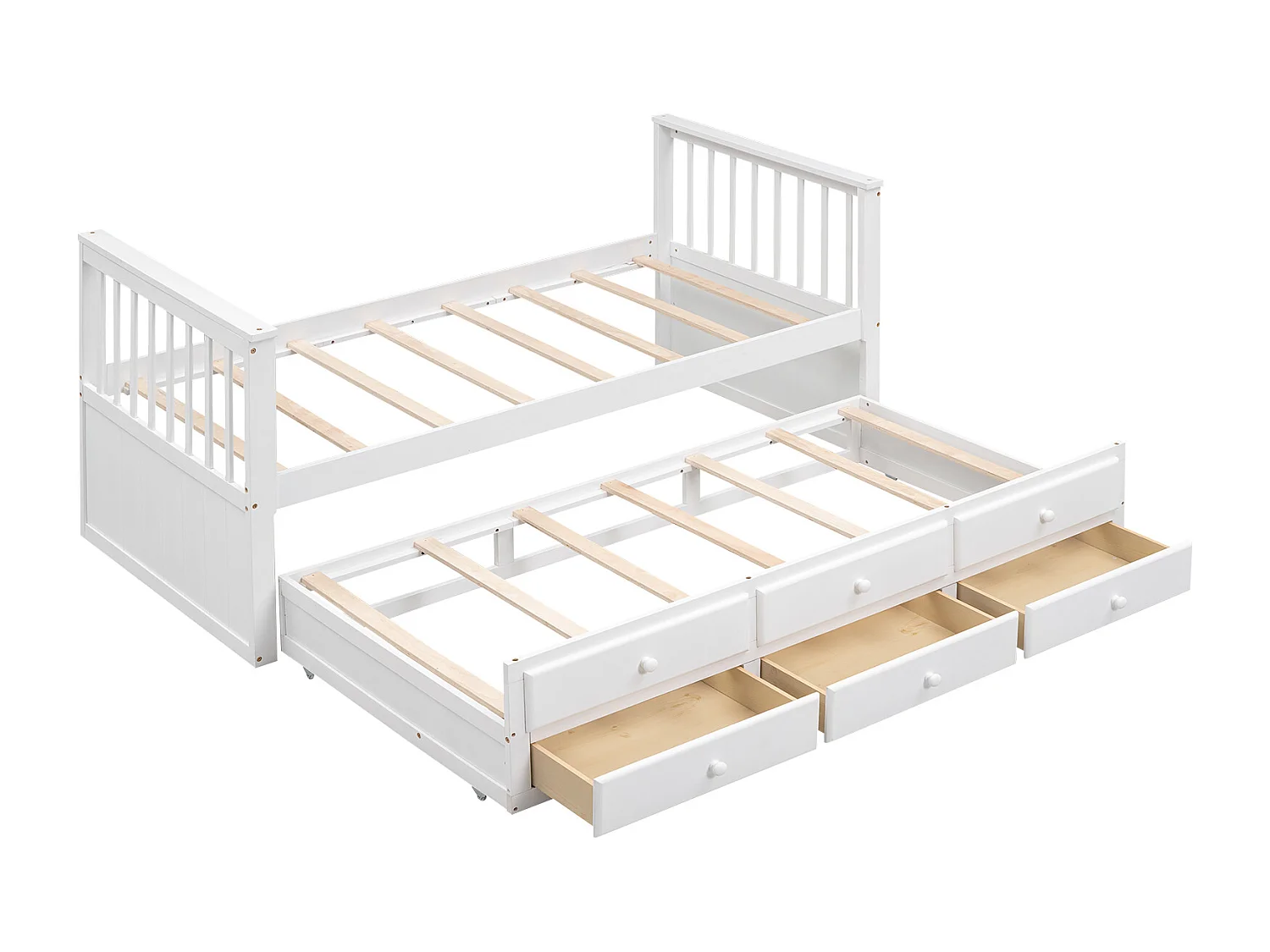 Lit enfant 90x200cm avec lit gigogne 90x190cm, avec 3 tiroirs de rangement, en bois, blanc, sans matelas