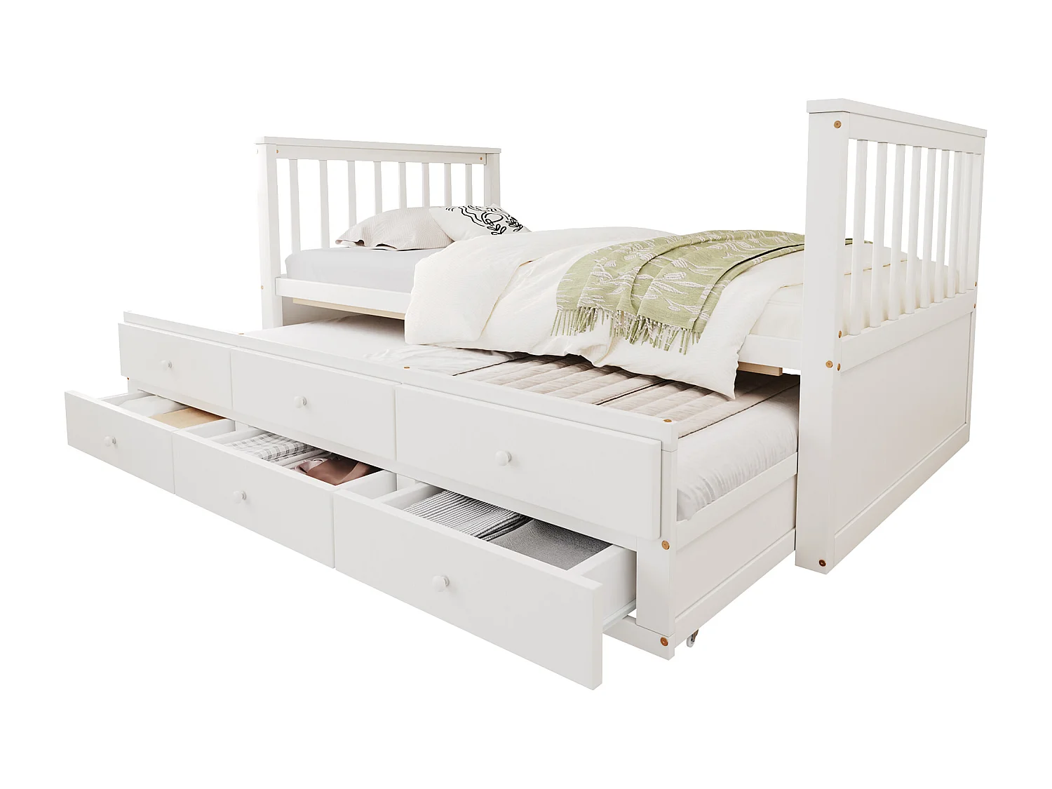 Lit enfant 90x200cm avec lit gigogne 90x190cm, avec 3 tiroirs de rangement, en bois, blanc, sans matelas