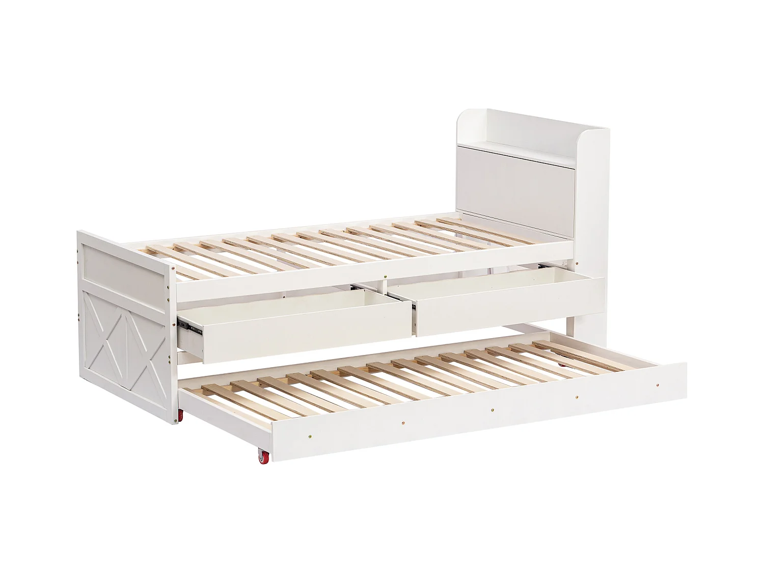 Lit enfant  90x190 cm en bois avec USB, avec lit gigogne et tiroirs, tête de lit de rangement, blanc, sans matelas