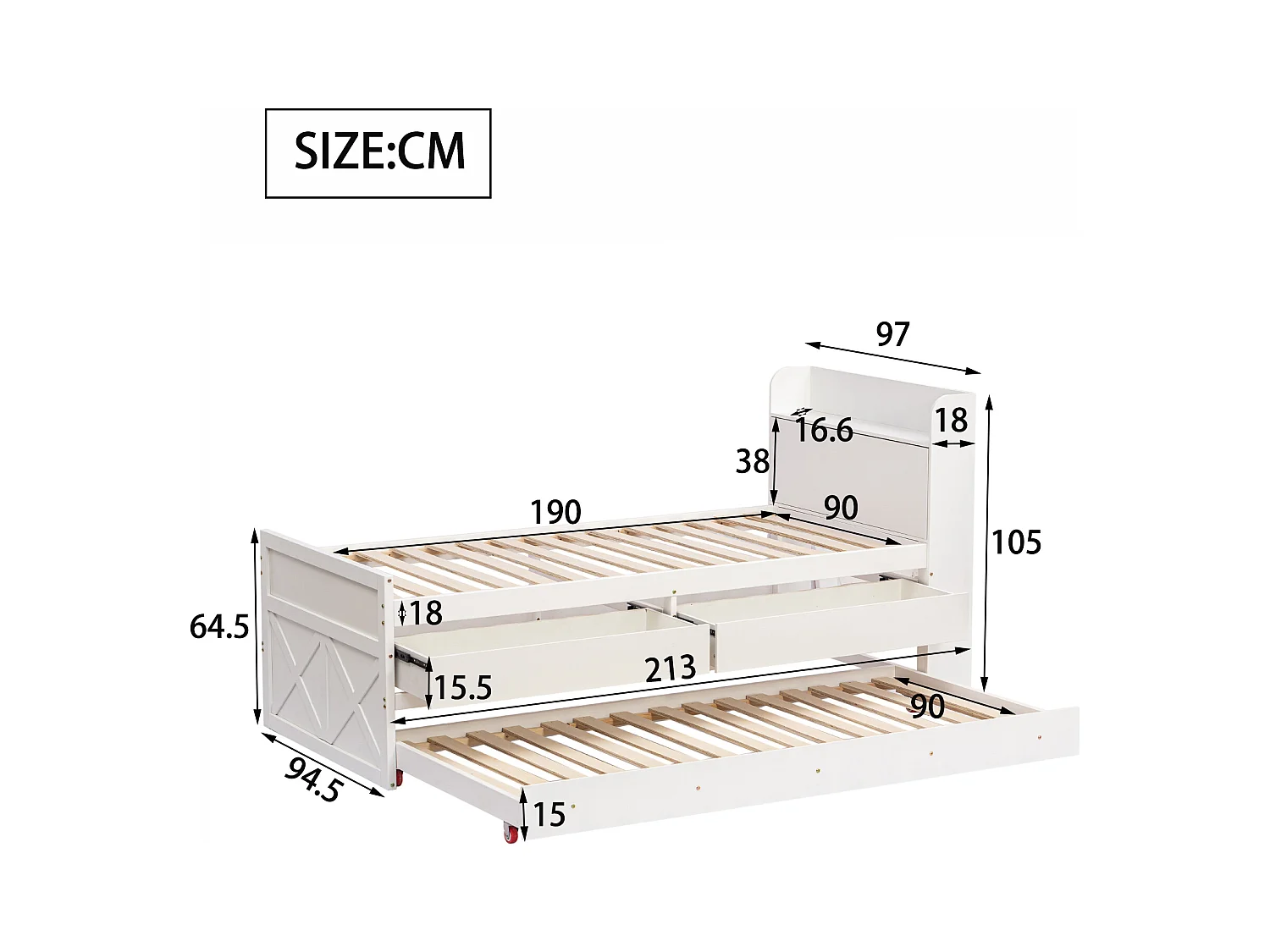 Lit enfant  90x190 cm en bois avec USB, avec lit gigogne et tiroirs, tête de lit de rangement, blanc, sans matelas