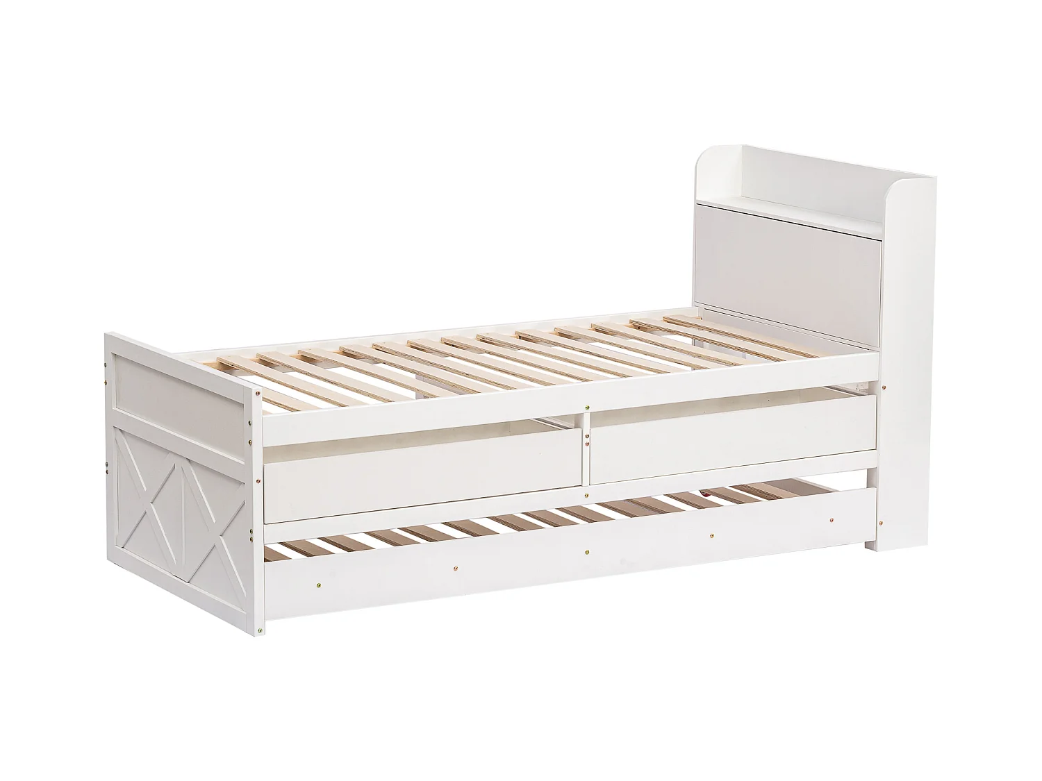 Lit enfant  90x190 cm en bois avec USB, avec lit gigogne et tiroirs, tête de lit de rangement, blanc, sans matelas