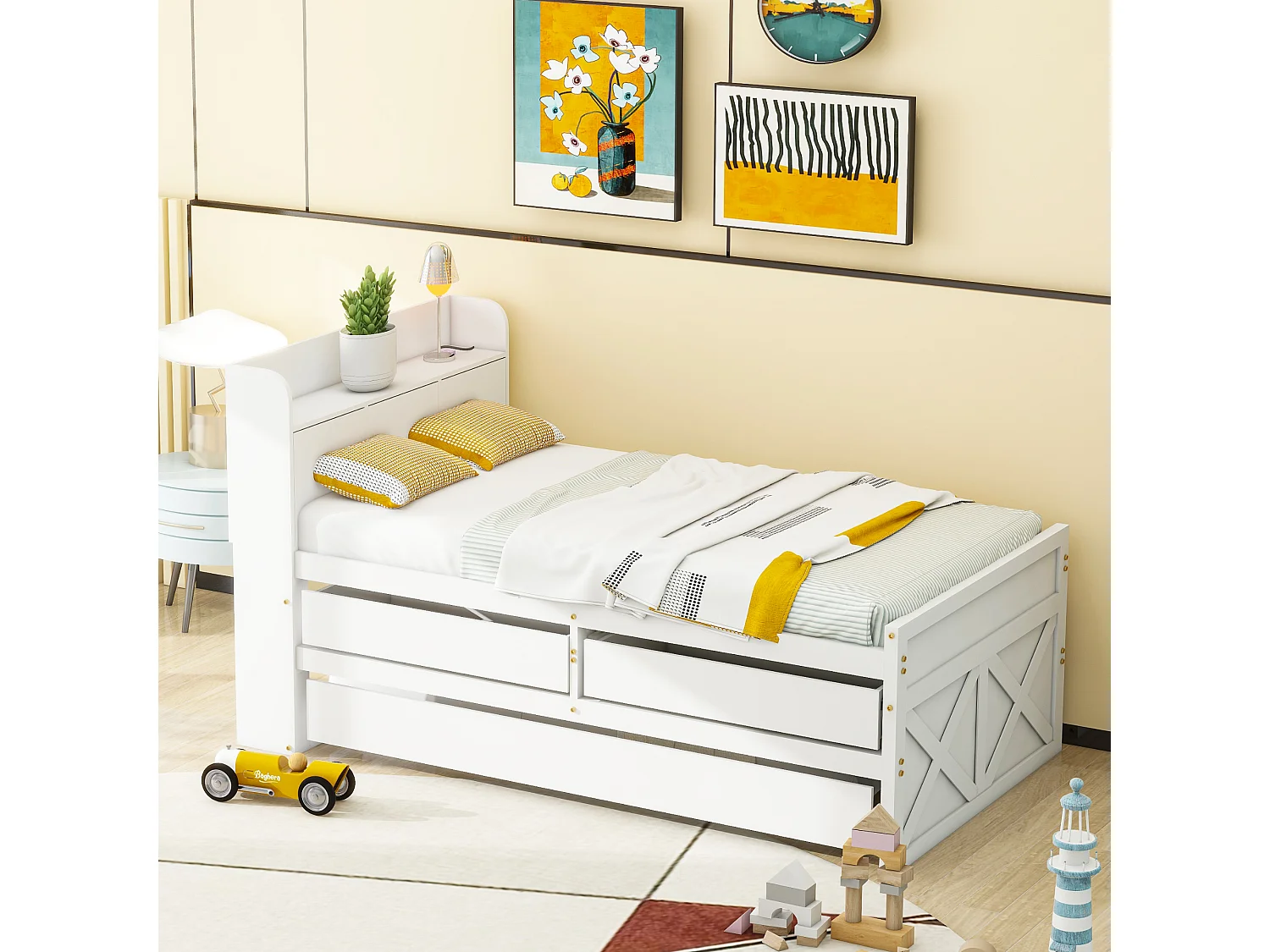 Lit enfant  90x190 cm en bois avec USB, avec lit gigogne et tiroirs, tête de lit de rangement, blanc, sans matelas