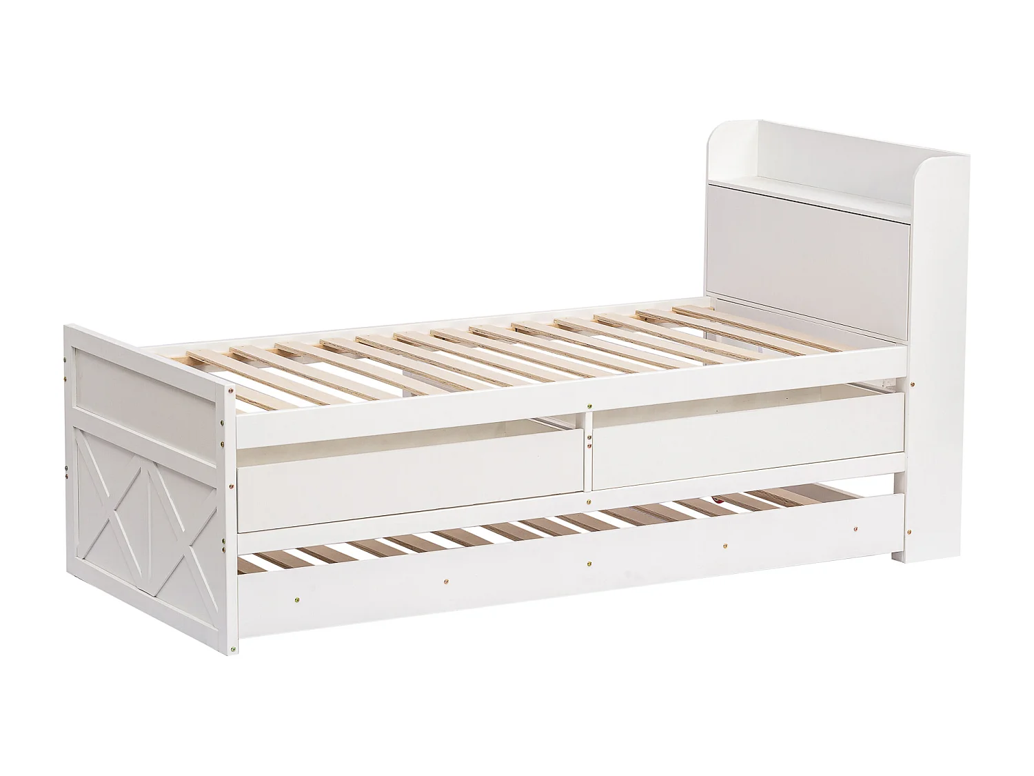 Lit enfant  90x190 cm en bois avec USB, avec lit gigogne et tiroirs, tête de lit de rangement, blanc, sans matelas