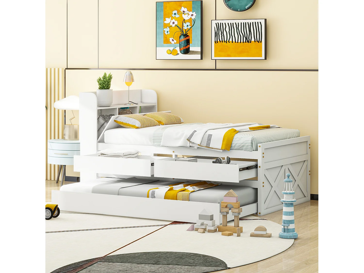 Lit enfant  90x190 cm en bois avec USB, avec lit gigogne et tiroirs, tête de lit de rangement, blanc, sans matelas