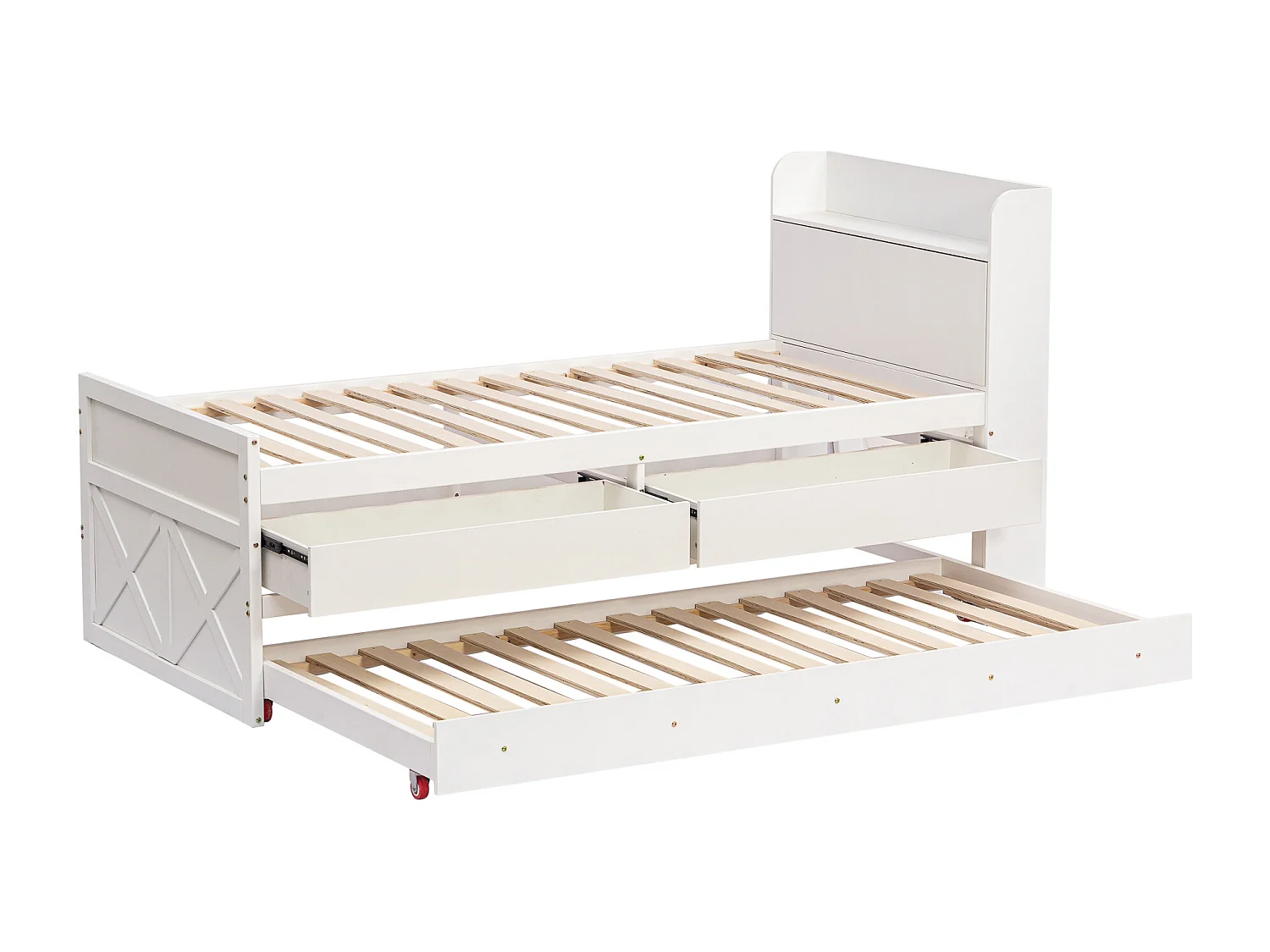 Lit enfant  90x190 cm en bois avec USB, avec lit gigogne et tiroirs, tête de lit de rangement, blanc, sans matelas
