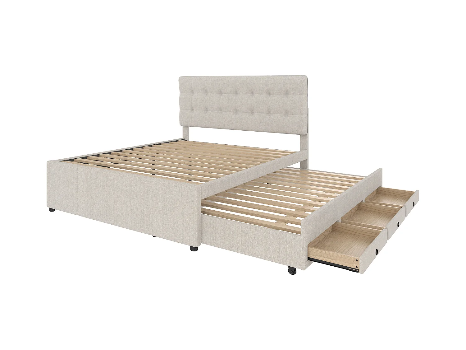 Lit adulte rembourré 140x200cm en lin avec 3 tiroirs, avec lit gigogne 90x190cm beige, tête de lit réglable, sans matelas