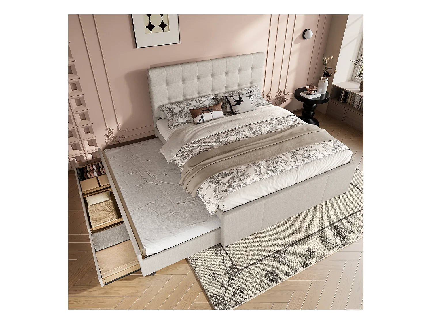 Lit adulte rembourré 140x200cm en lin avec 3 tiroirs, avec lit gigogne 90x190cm beige, tête de lit réglable, sans matelas