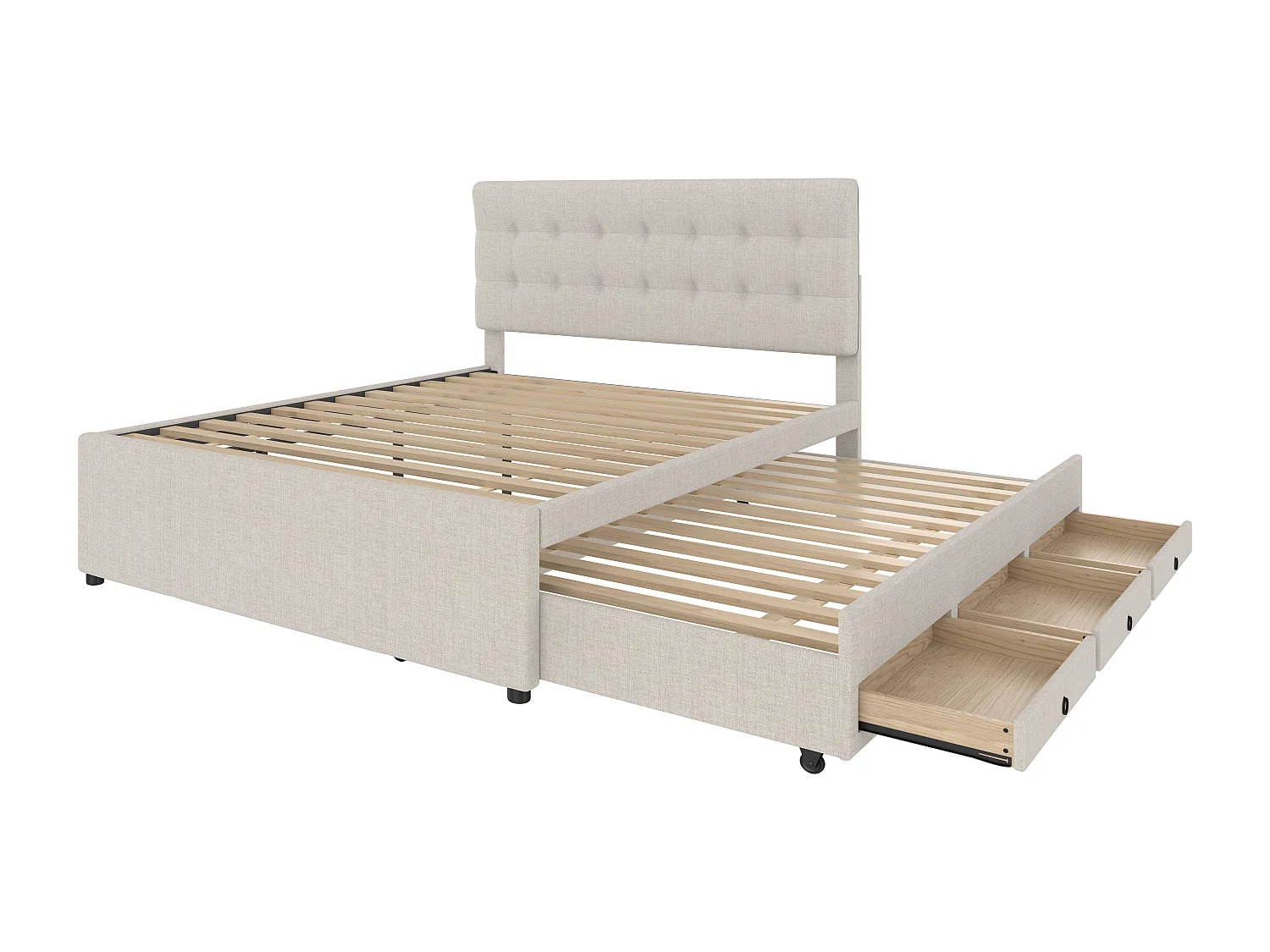 Lit adulte rembourré 140x200cm en lin avec 3 tiroirs, avec lit gigogne 90x190cm beige, tête de lit réglable, sans matelas