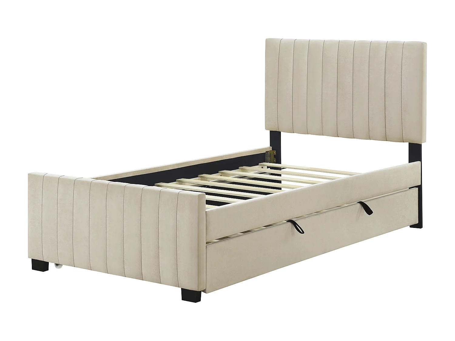 Lit adulte simple 90x190 cm beige en velours, lit enfant avec lit gigogne, sans matelas