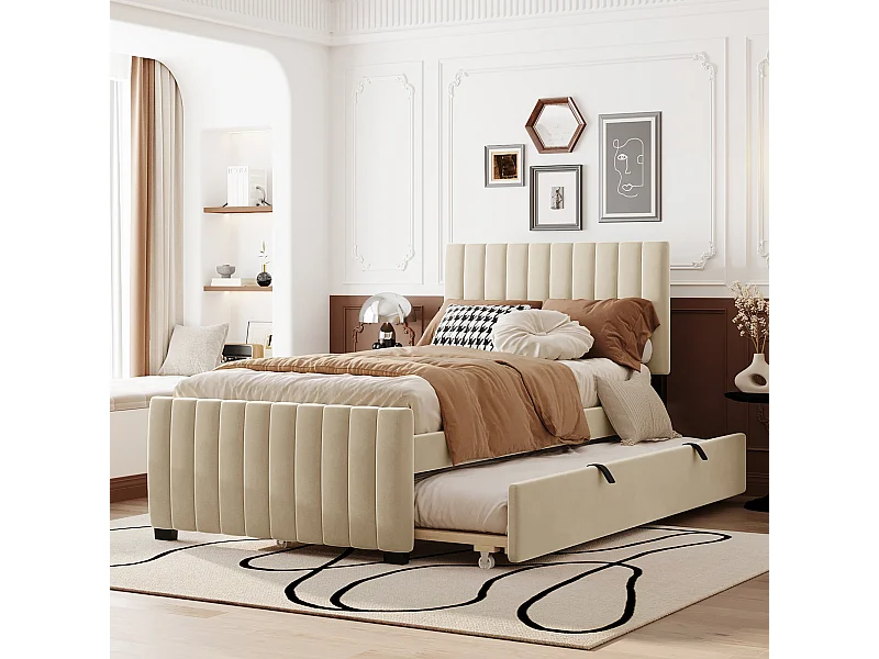 Lit adulte simple 90x190 cm beige en velours, lit enfant avec lit gigogne, sans matelas