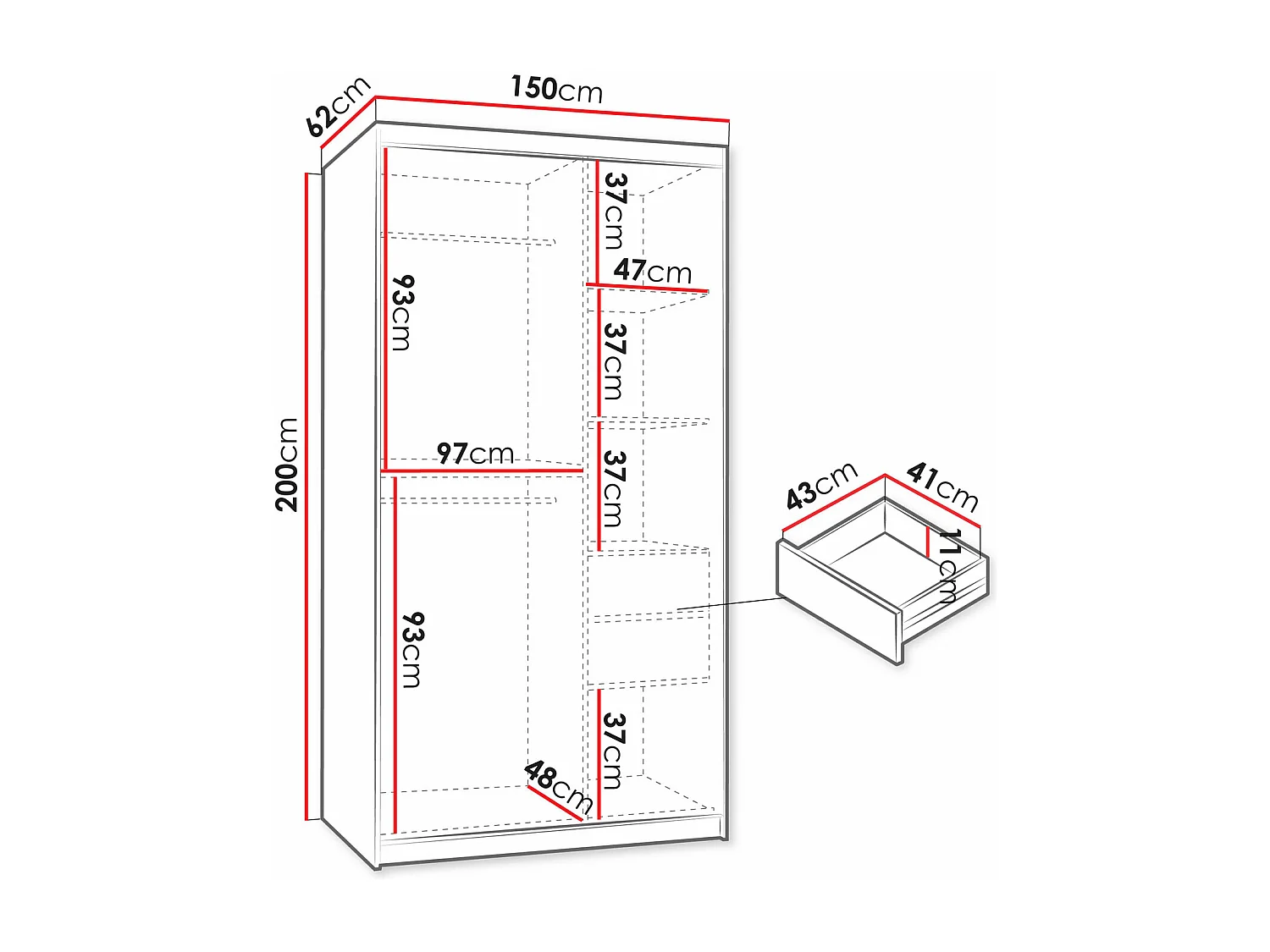 Armoire Hartford 503, Blanc, 200x150x62cm, Portes d'armoire: Coulissantes