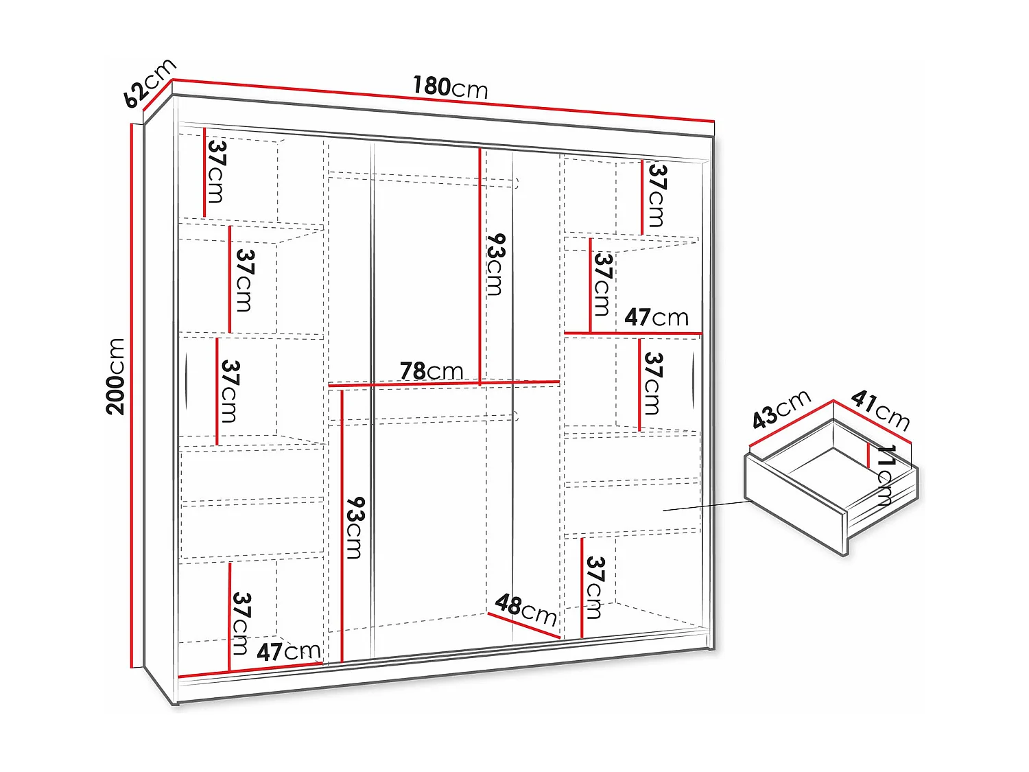 Armoire Hartford 500, Noir, 200x180x62cm, Portes d'armoire: Coulissantes