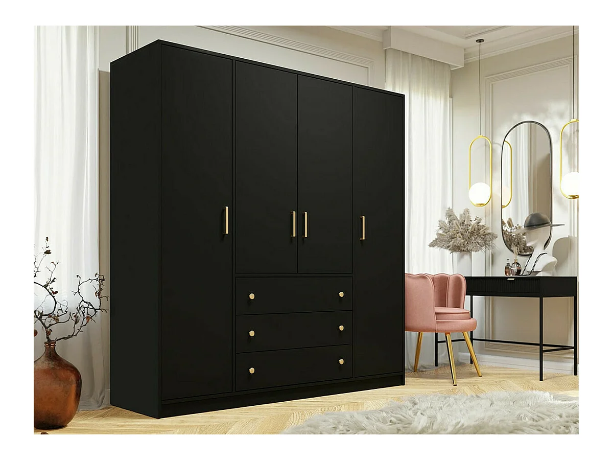 Armoire Honolulu 252, Doré|Noir, 200x196x58cm, Portes d'armoire: Avec des charnières