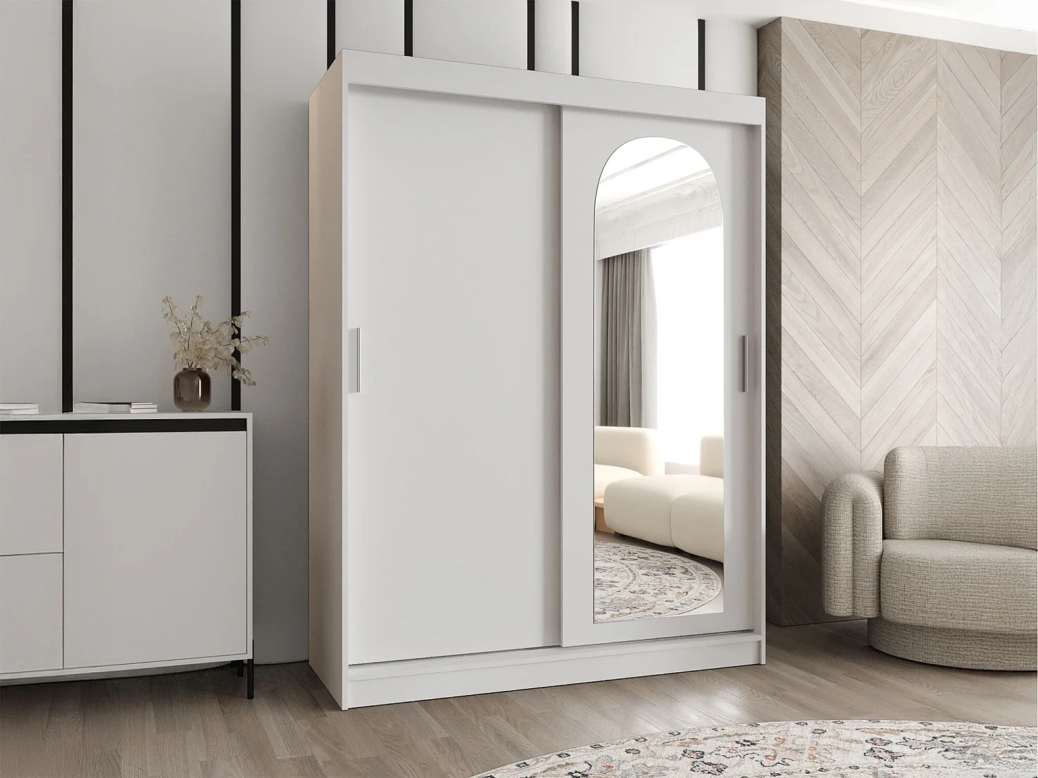 Armoire Hartford 502, Blanc, 200x150x62cm, Portes d'armoire: Coulissantes