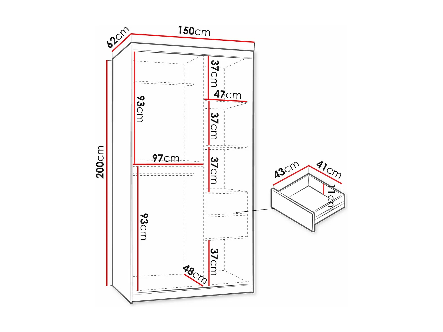 Armoire Hartford 502, Blanc, 200x150x62cm, Portes d'armoire: Coulissantes