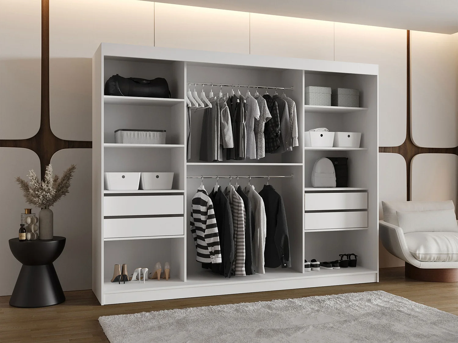 Armoire Hartford 508, Blanc, 200x250x62cm, Portes d'armoire: Coulissantes