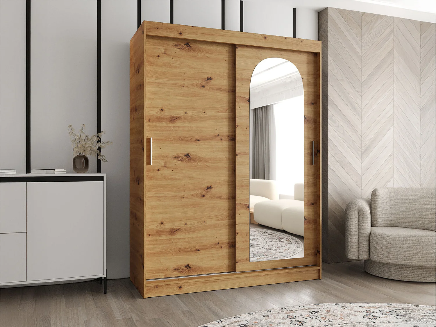 Armoire Hartford 502, Chêne Artisan, 200x150x62cm, Portes d'armoire: Coulissantes