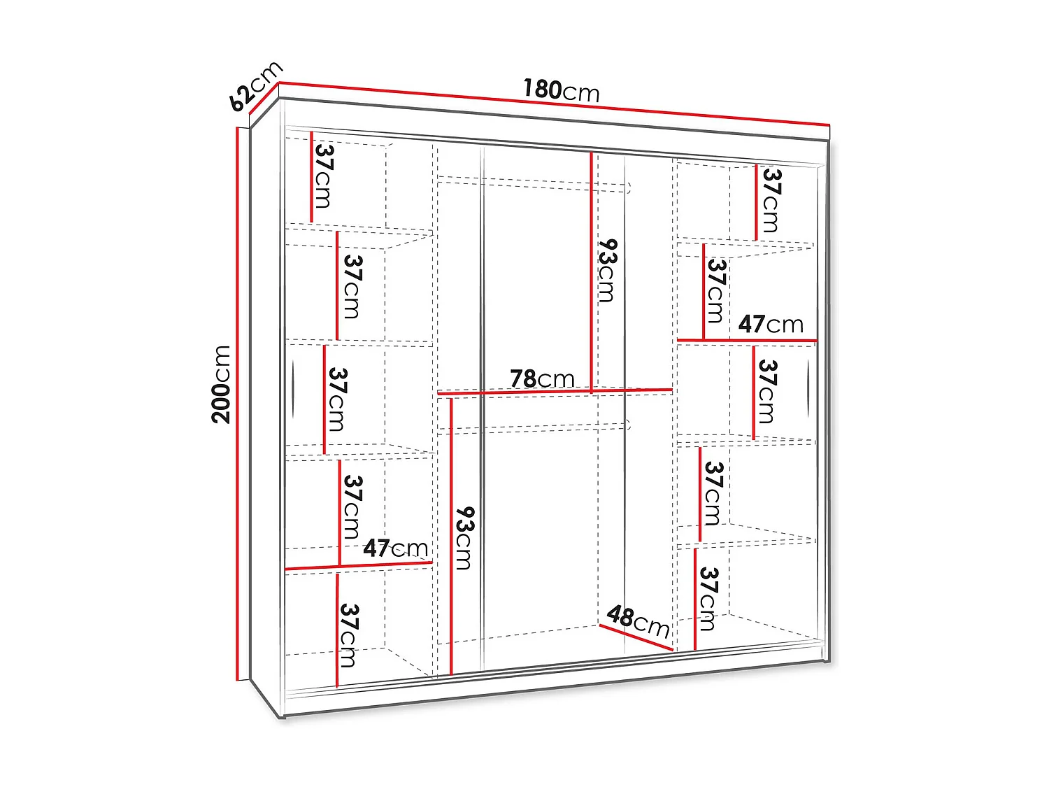 Armoire Hartford 500, Blanc, 200x180x62cm, Portes d'armoire: Coulissantes