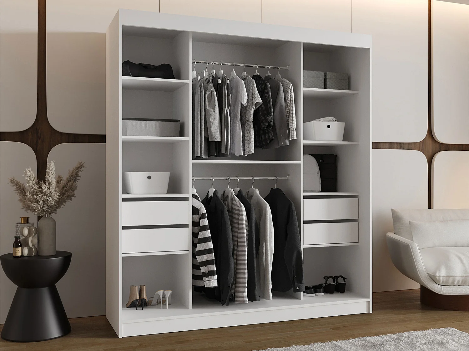 Armoire Hartford 500, Blanc, 200x180x62cm, Portes d'armoire: Coulissantes
