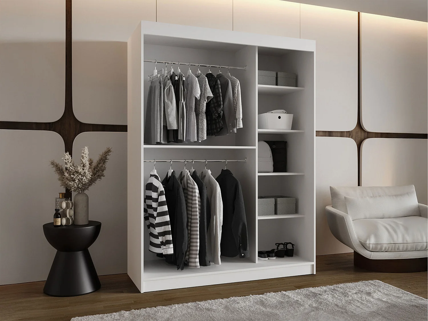 Armoire Hartford 503, Blanc, 200x150x62cm, Portes d'armoire: Coulissantes