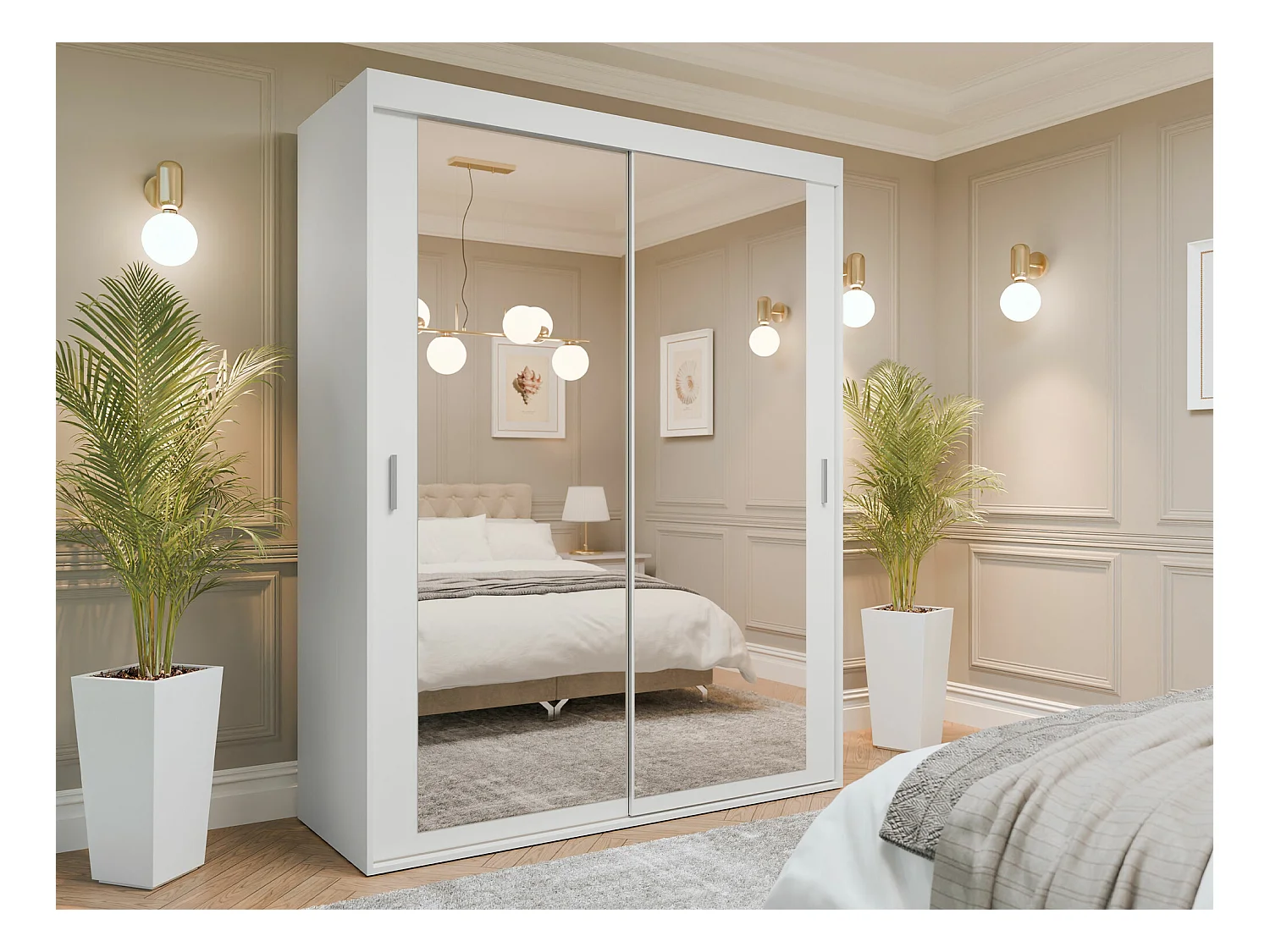 Armoire Apopka 102, Blanc, 205x160x60cm, Portes d'armoire: Coulissantes