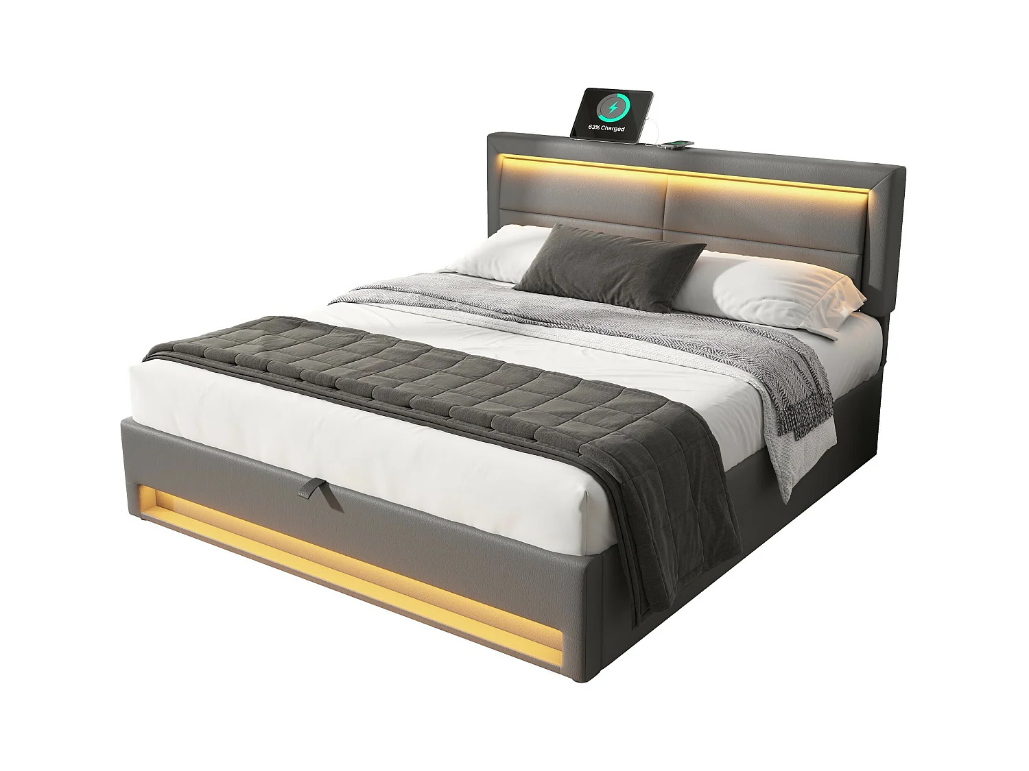 Letto contenitore 140x190 cm - letto imbottito con porta USB, illuminazione a LED e contenitore - PU - grigio - senza materasso