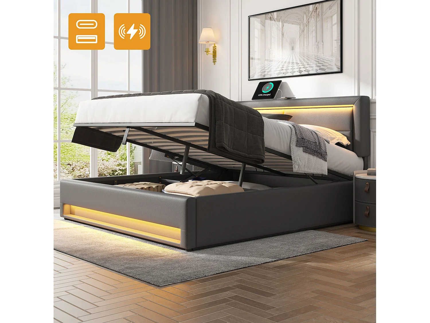 Lit coffre 140x190 cm - lit adulte avec port USB, éclairage LED et rangements - PU - gris - sans matelas