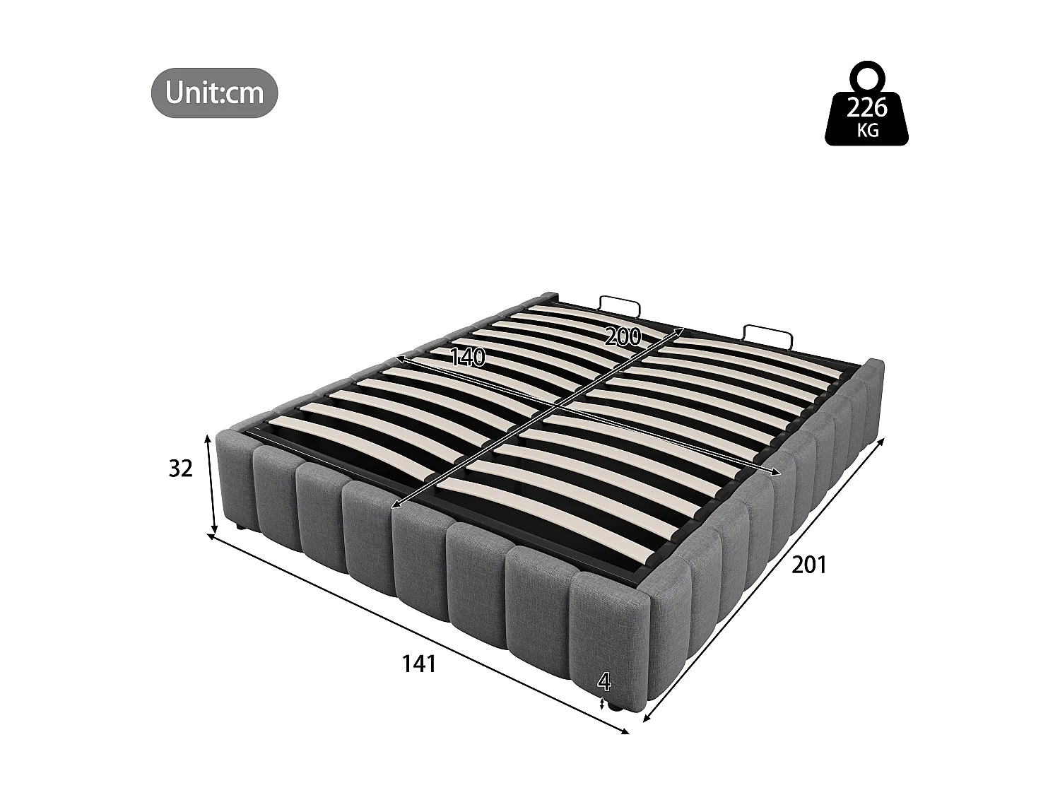 Lit coffre 140x200cm minimaliste, en lin gris sans tête de lit avec rangement hydraulique(sans matelas)