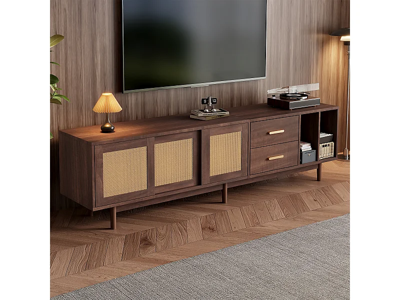 Meuble TV 190x40x52cm avec 3 portes, 2 tiroirs et 2 niches, corps en MDF marron foncé