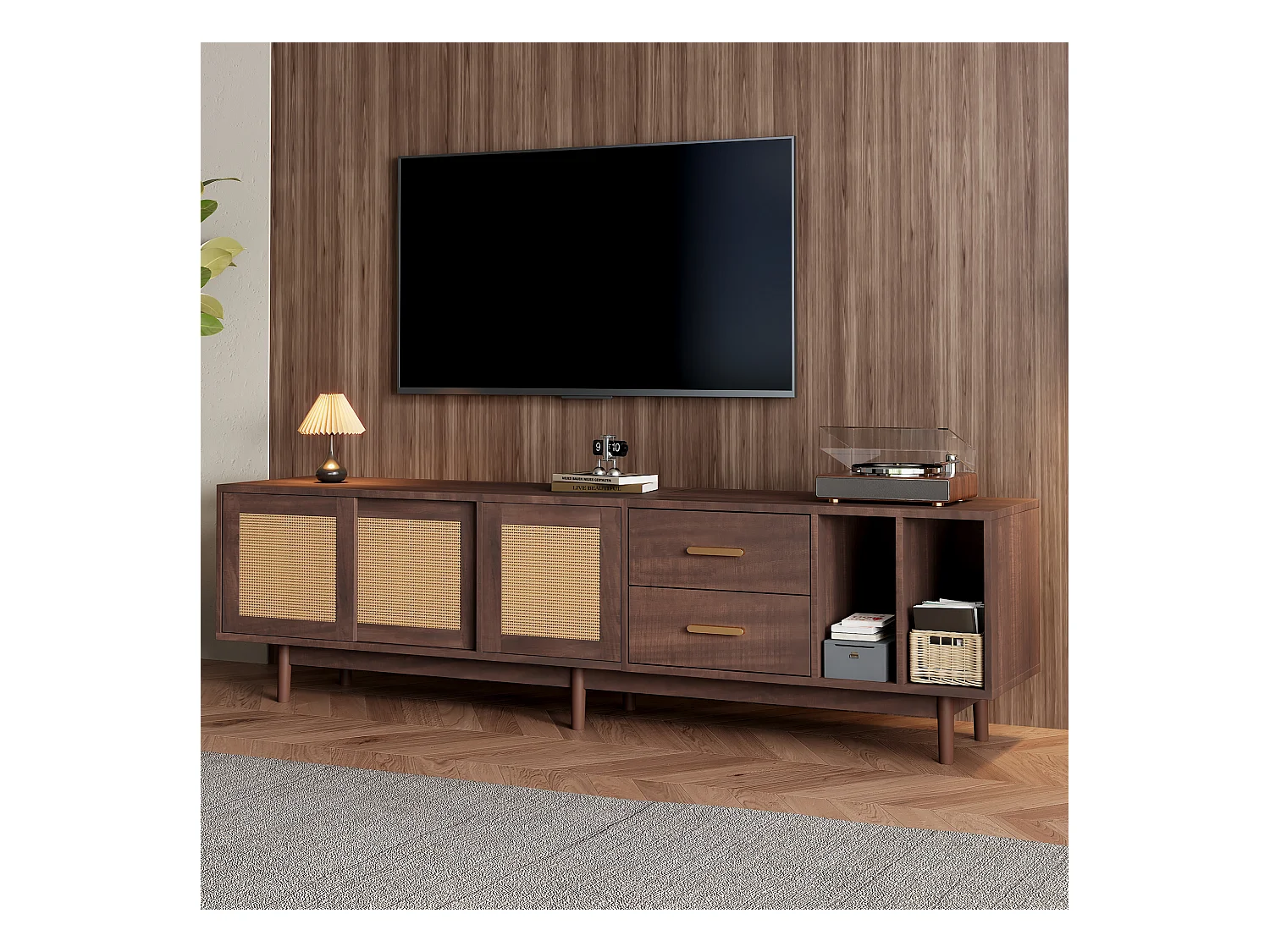 TV-meubel 190x40x52cm met 3 deuren, 2 lades en 2 nissen, donkerbruine MDF-behuizing