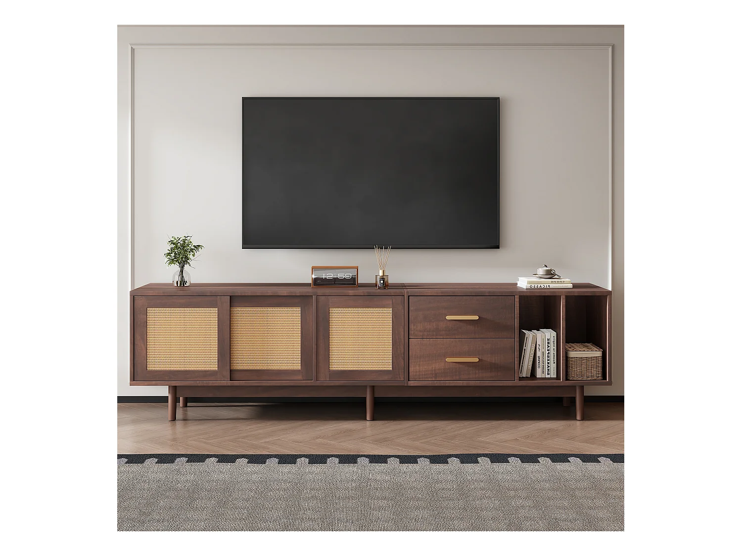 TV-meubel 190x40x52cm met 3 deuren, 2 lades en 2 nissen, donkerbruine MDF-behuizing
