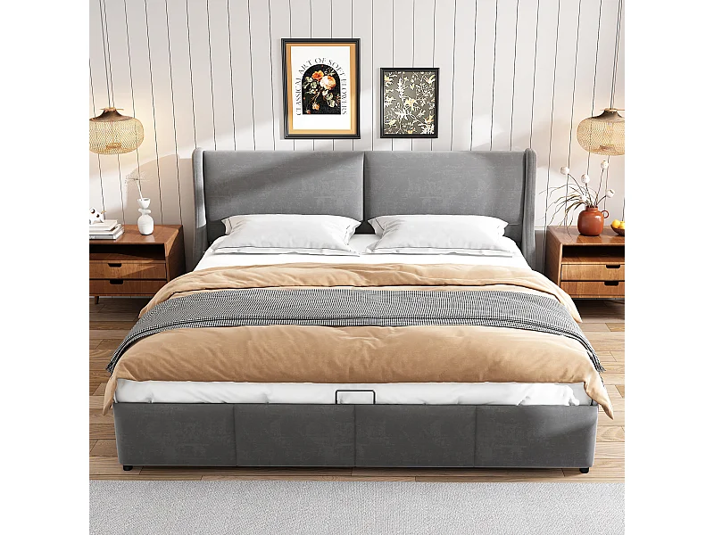 Cama contenedor 180x200 cm - cama acolchada - cama con función hidráulica - forma de oreja - terciopelo - gris