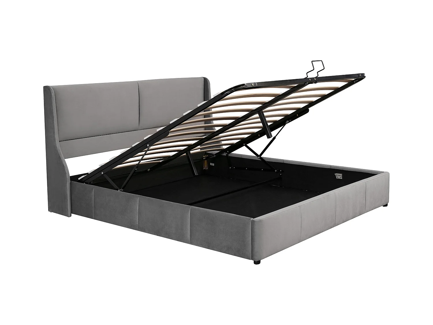 Lit coffre 180x200 cm - lit adulte - lit à fonction hydraulique - forme oreille - velours - gris