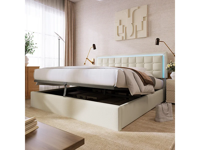 Stauraumbett 160x200 cm - Doppelbett Polsterbett mit LED Beleuchtung - PU - weiß