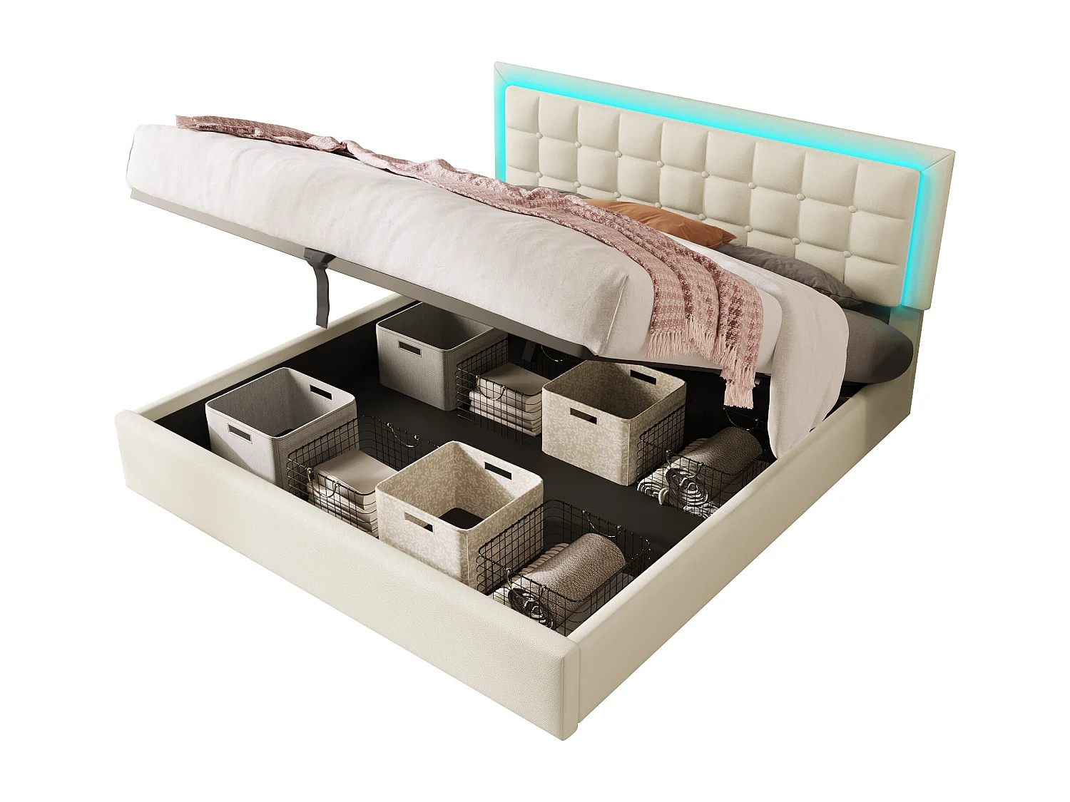 Lit coffre 160x200 cm - lit double capitonné avec éclairage LED - PU - blanc