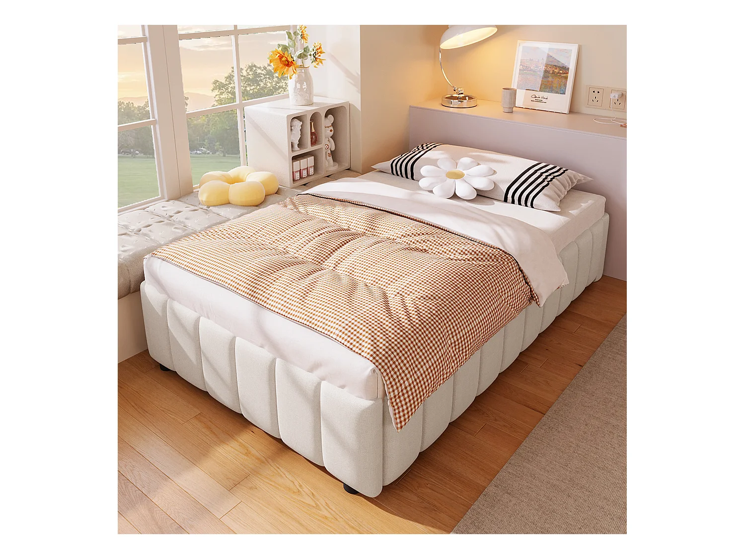 Lit coffre 90x200cm minimaliste, en lin beige sans tête de lit avec rangement hydraulique(sans matelas)