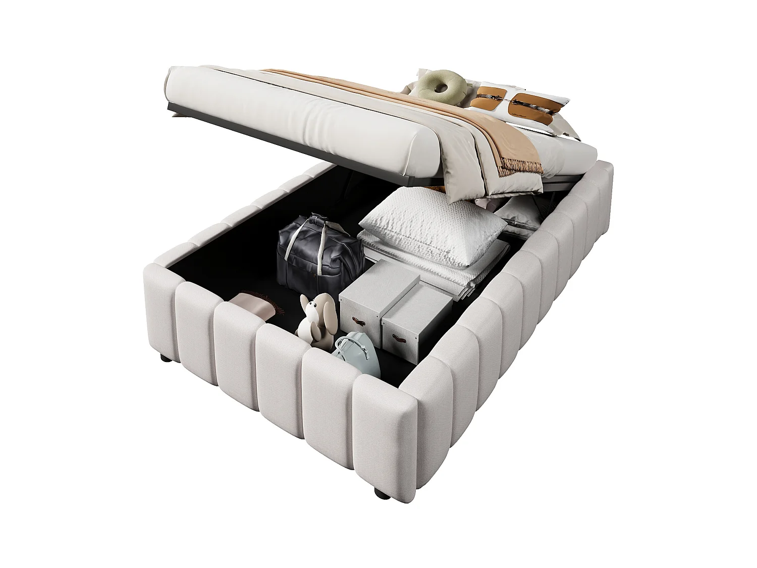 Lit coffre 90x200cm minimaliste, en lin beige sans tête de lit avec rangement hydraulique(sans matelas)